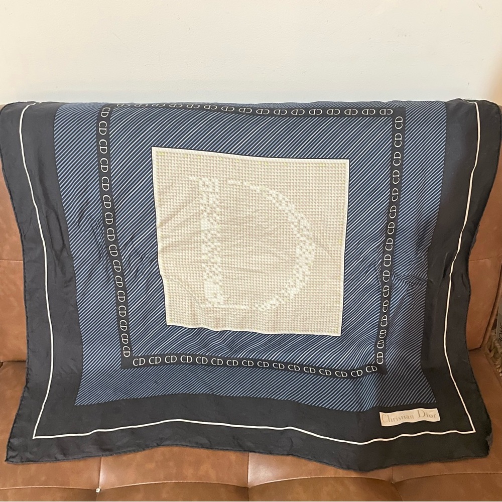 Vintage Christian Dior Silk Scarf in Blue and Cream